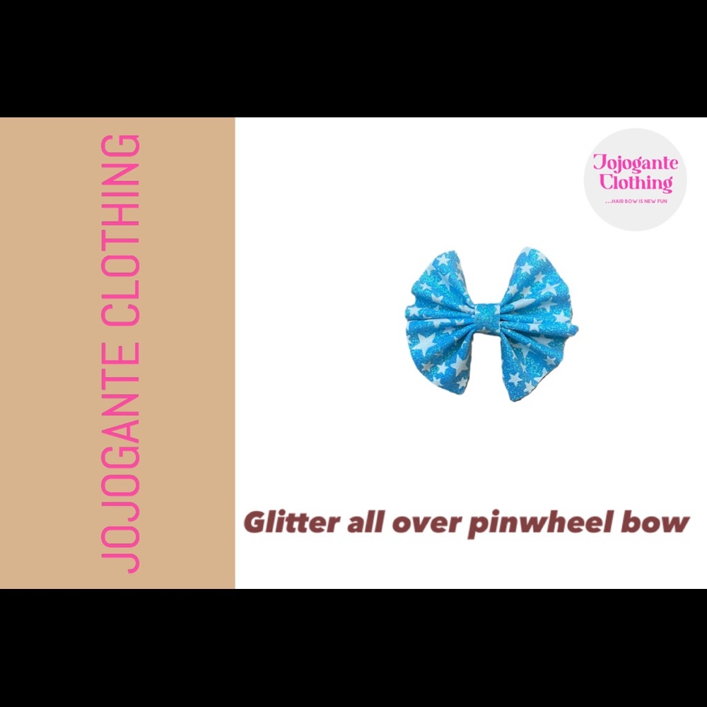 A hair bow. “Glitter all over pinwheel bow”